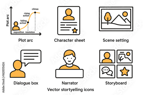 Storytelling icon set: plot, characters, scenes, dialogue, narration, storyboard