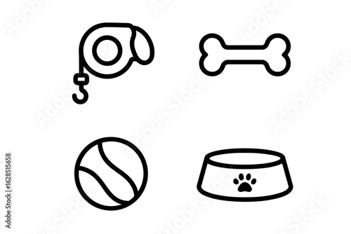 Dog essentials: leash, bone, ball, and bowl icons for pet care
