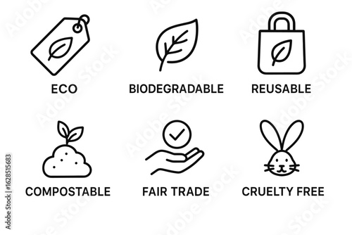 Eco-friendly icons: biodegradable reusable compostable fair trade cruelty-free