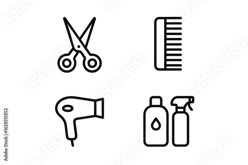 Outline icons of scissors comb hairdryer haircare bottles