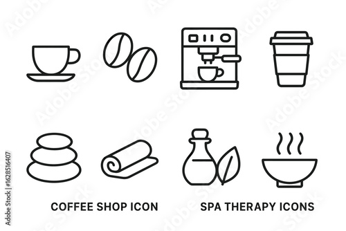 Coffee and spa icon set: cup, beans, machine, takeaway, stones, towel, oil, steam