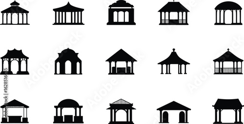 Silhouette Gazebo Icon Set , Temple Structures Vector Collection