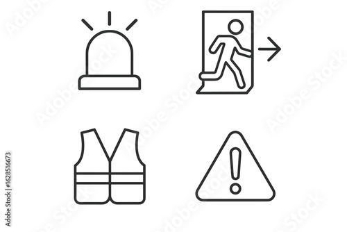 Emergency symbols: alarm, exit sign, safety vest, hazard warning icon set