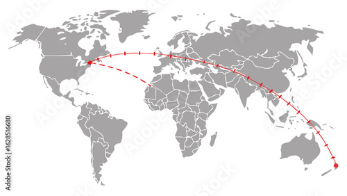 World map showing a red dotted line connecting north america to new zealand across continents and oceans