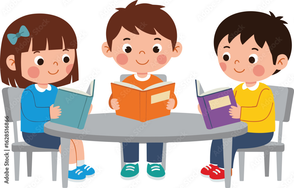 Children reading cartoon illustration, three kids at round table, colorful books, learning, education, school, study, teamwork, fun, engaging Children reading cartoon illustration, three kids at round table, colorful books, learning, education, school, study, teamwork, fun, engaging