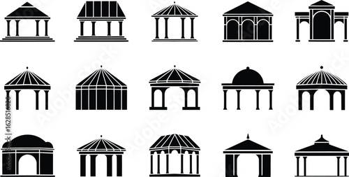 Silhouette Gazebo Icon Set , Temple Structures Vector Collection