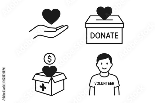 Donation icons: hand with heart, donation box, charity, volunteer