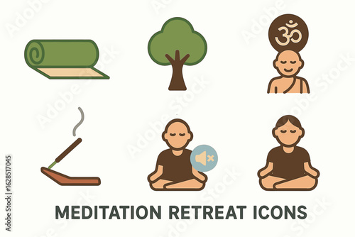 Meditation retreat icons: yoga mat, tree, monk, incense, meditation poses