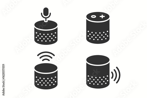 Set of black smart speaker icons with microphone and volume control symbols