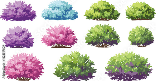 Colorful garden bushes collection, blooming foliage shrubs, green landscape plants set, spring decorative flora pack, seasonal hedge clipart, ornamental nature illustration