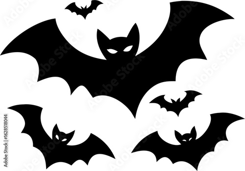 Three Silhouettes of Bats Flying, Halloween Design, Dark, Spooky, Vector Illustration