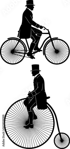 silhouette gentlemen riding  a vintage bicycle victorian era 