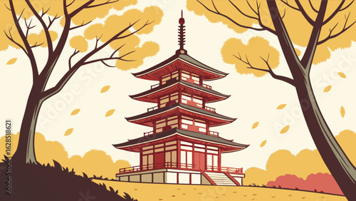 Explore beautiful japanese pagoda architecture with autumn trees and falling leaves vector illustration