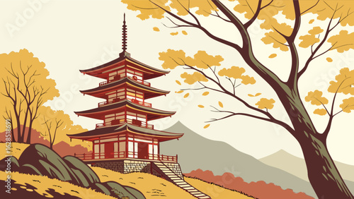 Explore japanese pagoda temple architecture in autumn landscape vector illustration art design concept