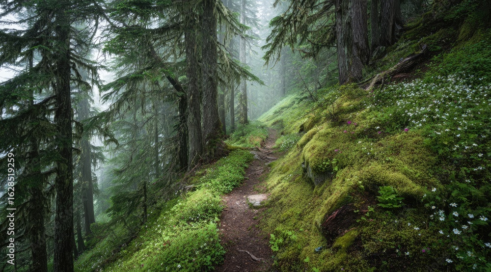 Obraz premium Misty forest path winds through mossy hillside