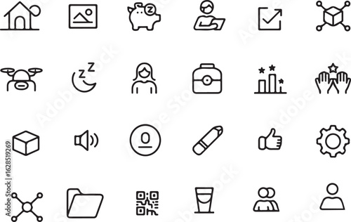 Collection of Universal Line Icons Featuring Technology Finance and Lifestyle Elements for Diverse Applications in Design and Development