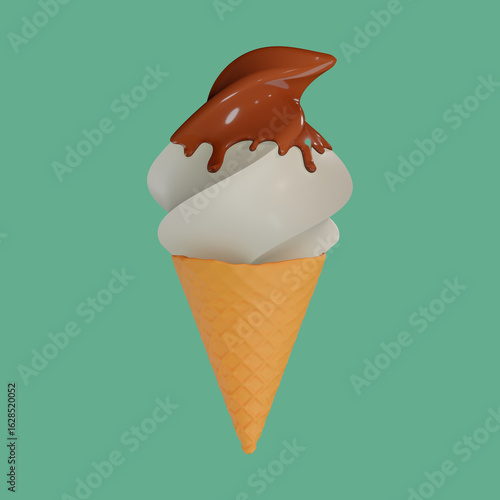 Vanilla ice cream cone with chocolate syrup topping