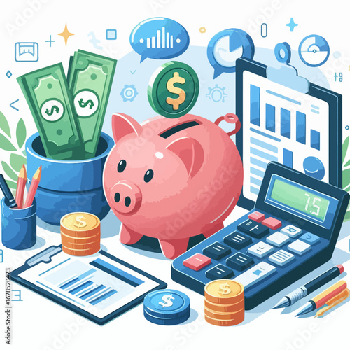 Vibrant, cartoon-style graphic displays various financial instruments, including a piggy bank, calculator, and documents related to financial planning and saving.