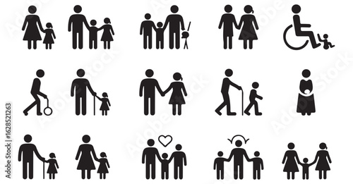 Icons representing family relationships, including parents, children, and elderly care symbols