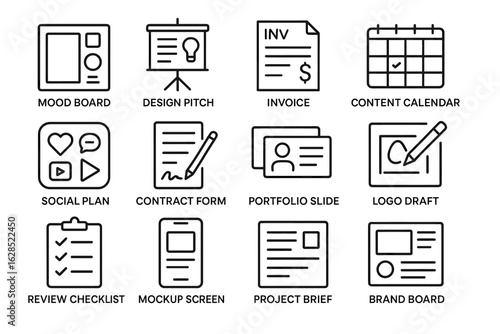 Creative project icons: mood board, design pitch, invoice, content calendar, more