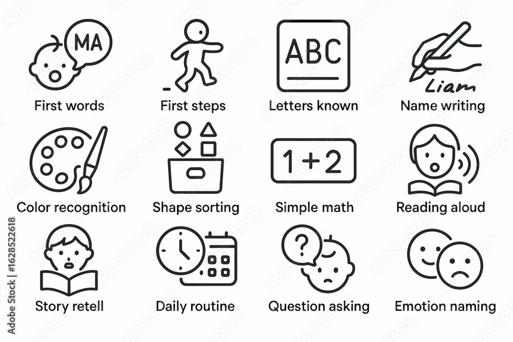 Fototapeta premium Icon set illustrating early childhood development milestones and activities