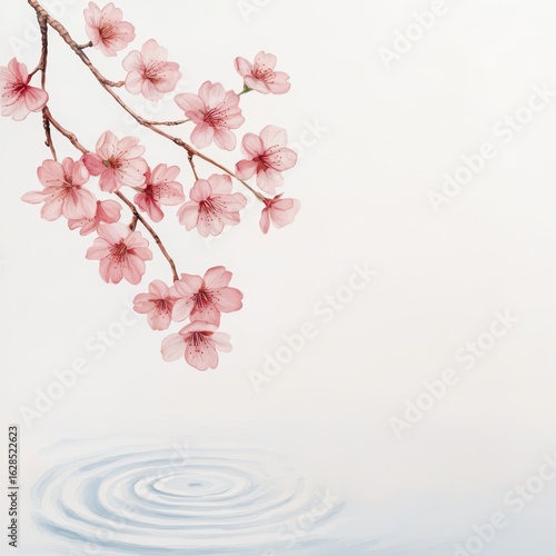 Delicate Pink Cherry Blossom Branch Reflecting on Water Surface