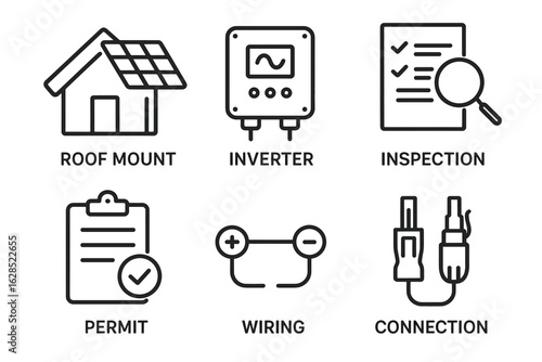 Solar installation icons: roof mount, inverter, inspection, permit, wiring, connection