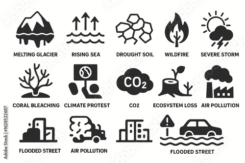 Climate change icons: environmental impact and ecosystem threats