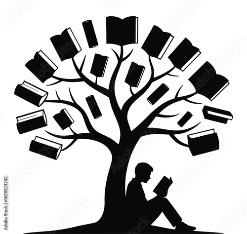 Silhouette of person reading under a tree bearing books vector