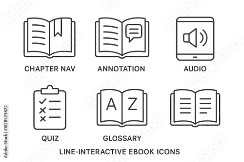 Line-interactive ebook icons: navigation, annotation, audio, quiz, glossary, open book