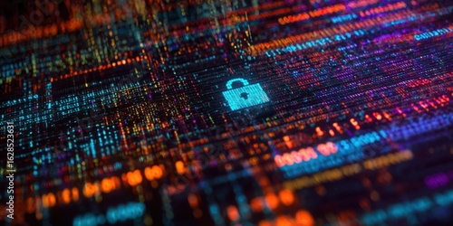 The digital lock symbol representing security in a vibrant data network.
