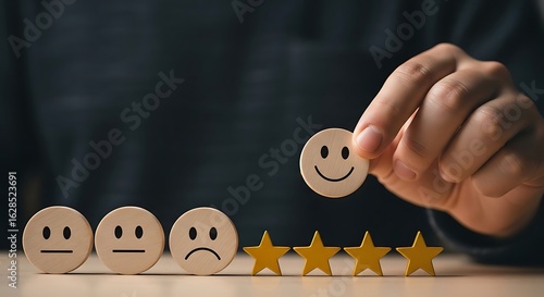Customer feedback concept with a hand placing a happy face emoji over a row of sad faces and rating stars