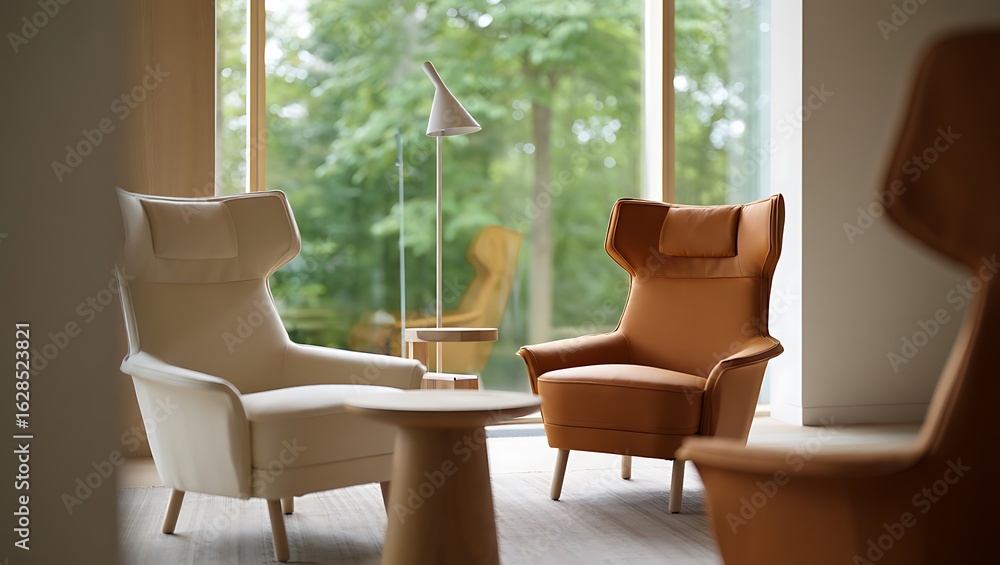 Bright and Cozy Lounge with Elegant Armchairs and Wood Table Overlooking a Lush Green Forest. Bright and Cozy Lounge with Elegant Armchairs and Wood Table Overlooking a Lush Green Forest.