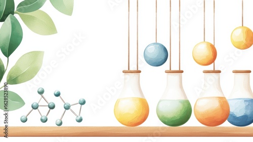 Colorful Laboratory Equipment with Plants in Background