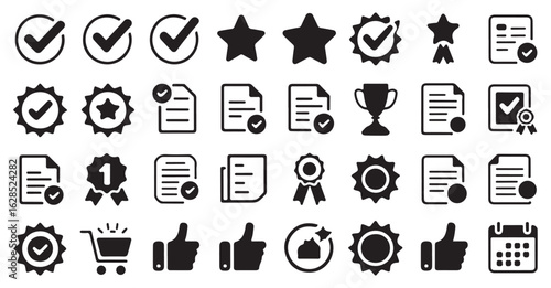 Set of recognition and approval icons including checkmarks, stars, trophies, and certificates for validation and achievement