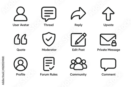 Forum interface icons: user, thread, reply, upvote, quote, moderator, edit, message, profile, rules, community, comment