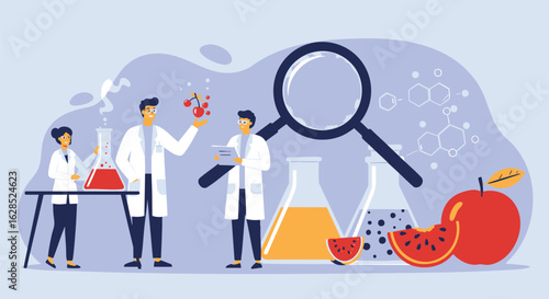 Scientists in lab coats analyzing fruit and chemicals, conducting research with magnifying glass.
