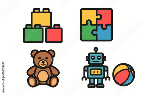 Colorful children's toys collection with blocks, puzzle, teddy bear, robot, and ball