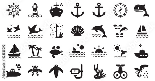 Various nautical and ocean symbols featuring sailboats, marine life, anchors, and ships for coastal and maritime applications