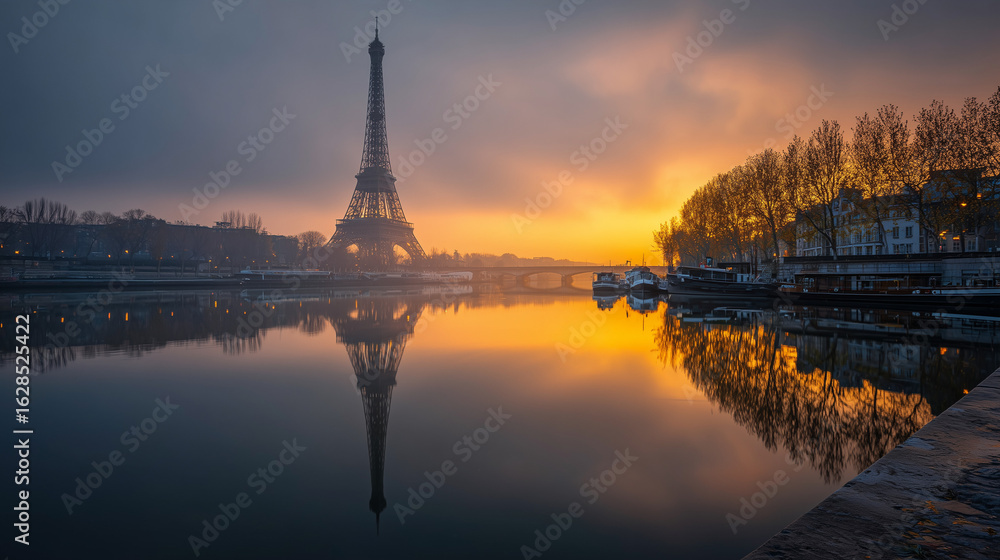Naklejka premium Eiffel Tower at sunrise with light fog and river reflections