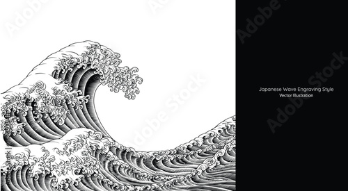 Intricate hand-drawn vector illustration of an ocean wave in traditional Japanese engraving style. Detailed with dynamic lines and vintage aesthetics