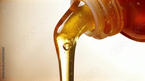Thick golden syrup pouring slowly from the neck of a bottle