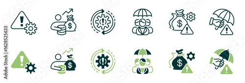 risk management danger alert protection icon line set business assessment strategy warning gear umbrella threat control signs vector illustration