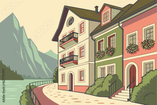 Colorful houses and blooming balconies line Hallstatt’s streets in summer, set against a backdrop of lake and rocky peaks, modern flat illustration style.