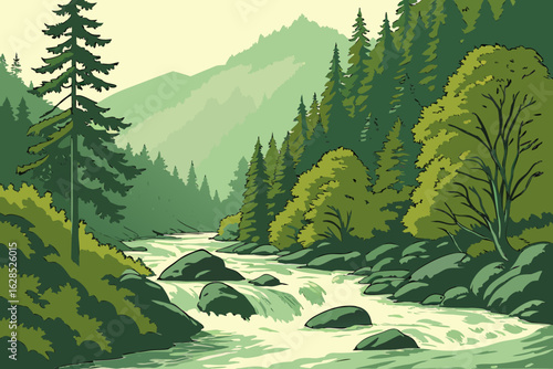 Cascading mountain river rushes through lush forest in North Cascades National Park, alive with nature and fresh air, modern flat illustration style.