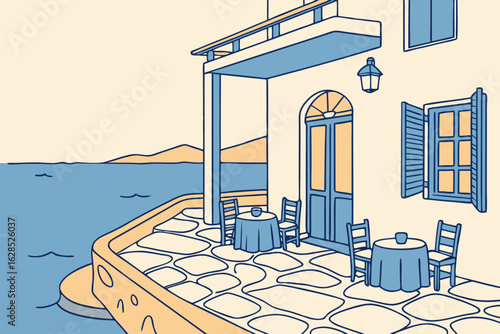 Dine beside the sea at a Greek taverna in Little Venice, Mykonos, with blue chairs and a gentle breeze, modern flat illustration style.