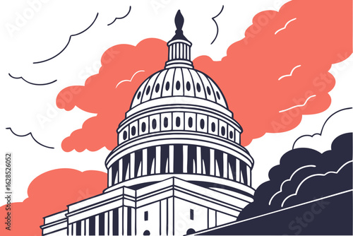 Dome of the United States Capitol Building rises against dramatic skies, symbolizing the heart of American democracy in Washington, modern flat illustration style.