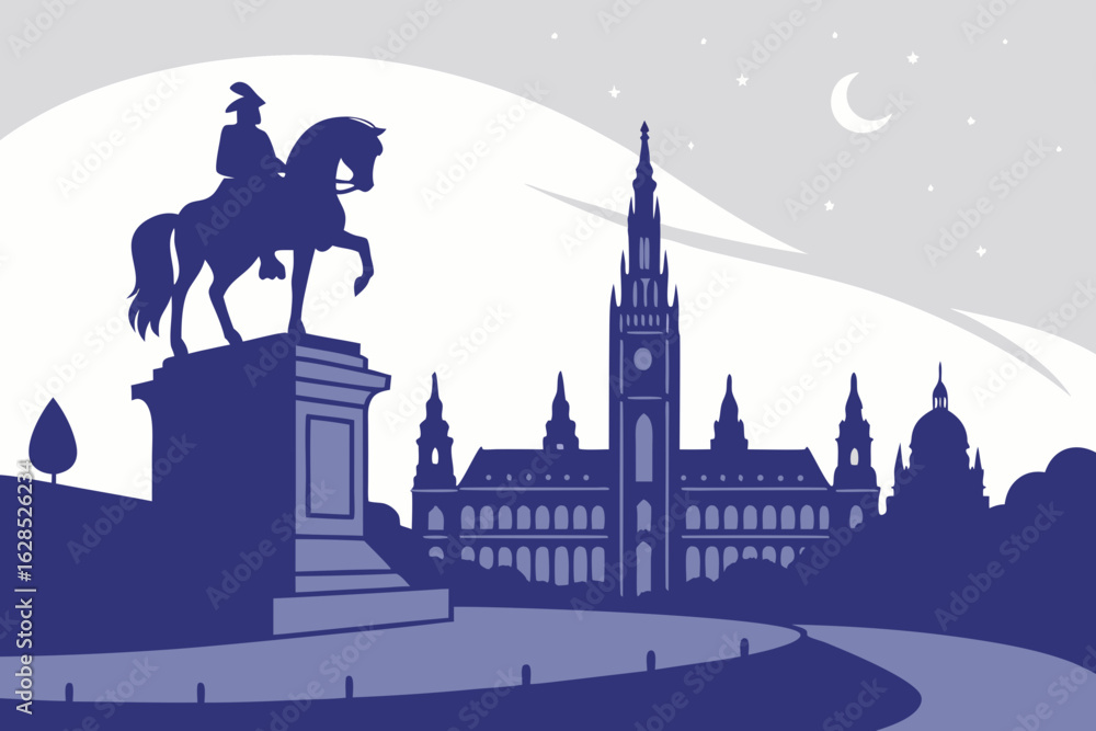Fototapeta premium Evening settles on Vienna as the Archduke Charles statue casts long shadows near the parliament building and city lights begin to glow, modern flat illustration style.