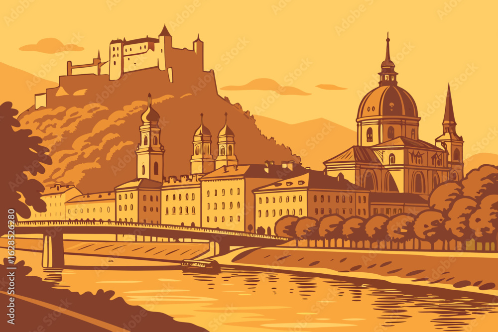 Fototapeta premium Golden autumn sunset colors Salzburg’s skyline with warm tones, while the Salzach River reflects the charm of the old city, modern flat illustration style.