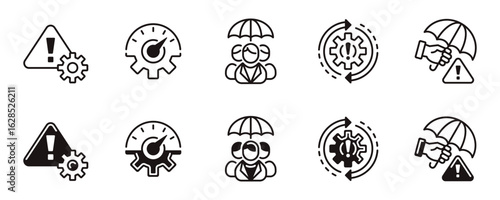 warning alert risk management icon line set business assessment strategy umbrella protection safety control signs vector illustration